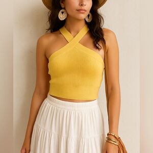 Abercrombie & Fitch Knit Halter Crop Top‎ – Butter Yellow – Boho Chic